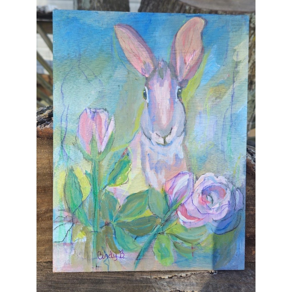Original Mixed Media Rabbit Painting By Cindy Smith Bottoms
